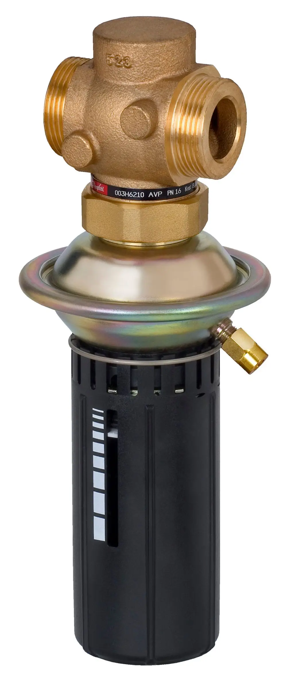 Differenzdruckregler von Danfoss mit mehreren Anschlussmöglichkeiten und einem runden Oberteil, montiert auf einem runden, schwarzen Gehäuse.